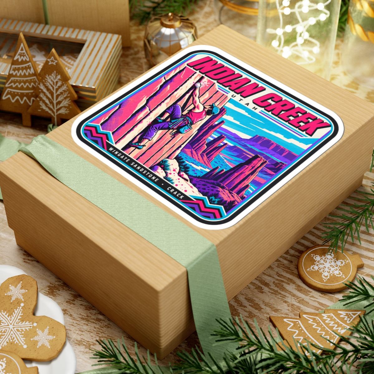 Square “INDIAN CREEK” sticker on a gift box with ribbon, displaying climber and canyon design