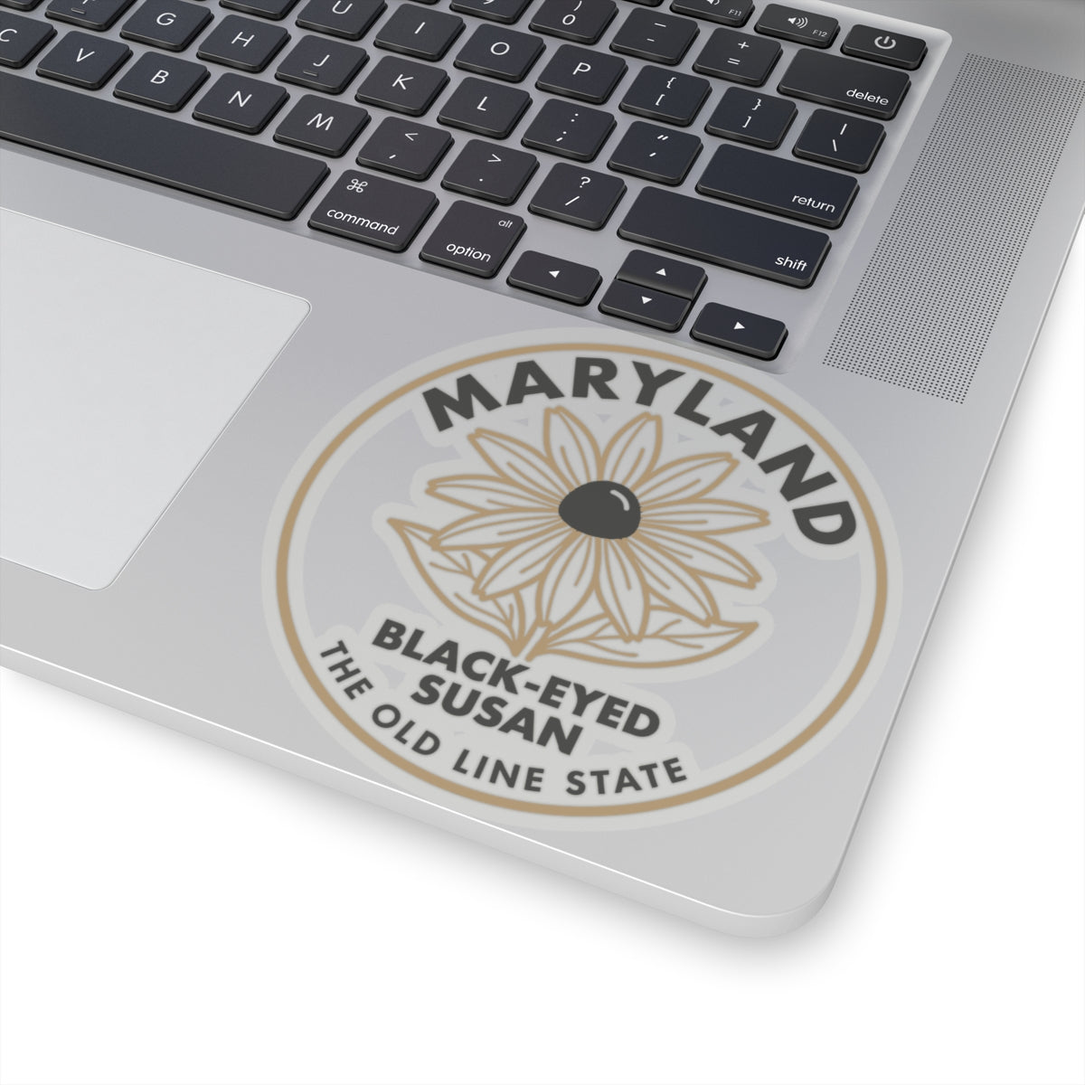 Circular Maryland black-eyed Susan sticker on laptop lid, state and flower text ring.