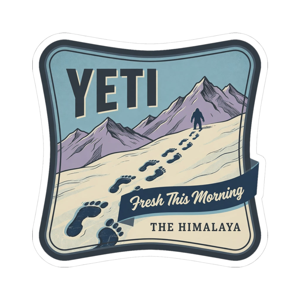 Vinyl decal sticker with blue mountains, paw prints, YETI text, and “Fresh This Morning”