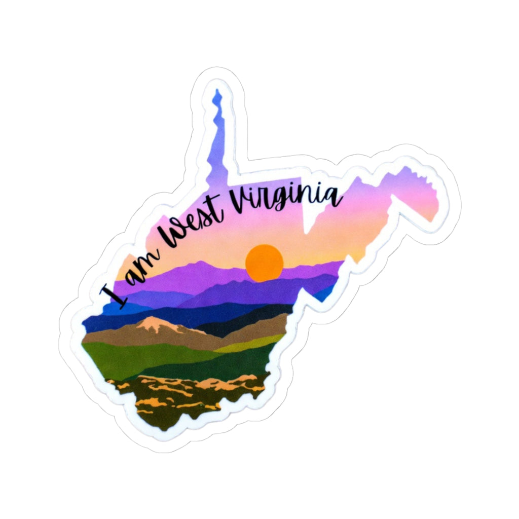 I am West Virginia sticker with colorful state map and script text, white outline