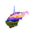 I am West Virginia sticker with colorful state map and script text, white outline