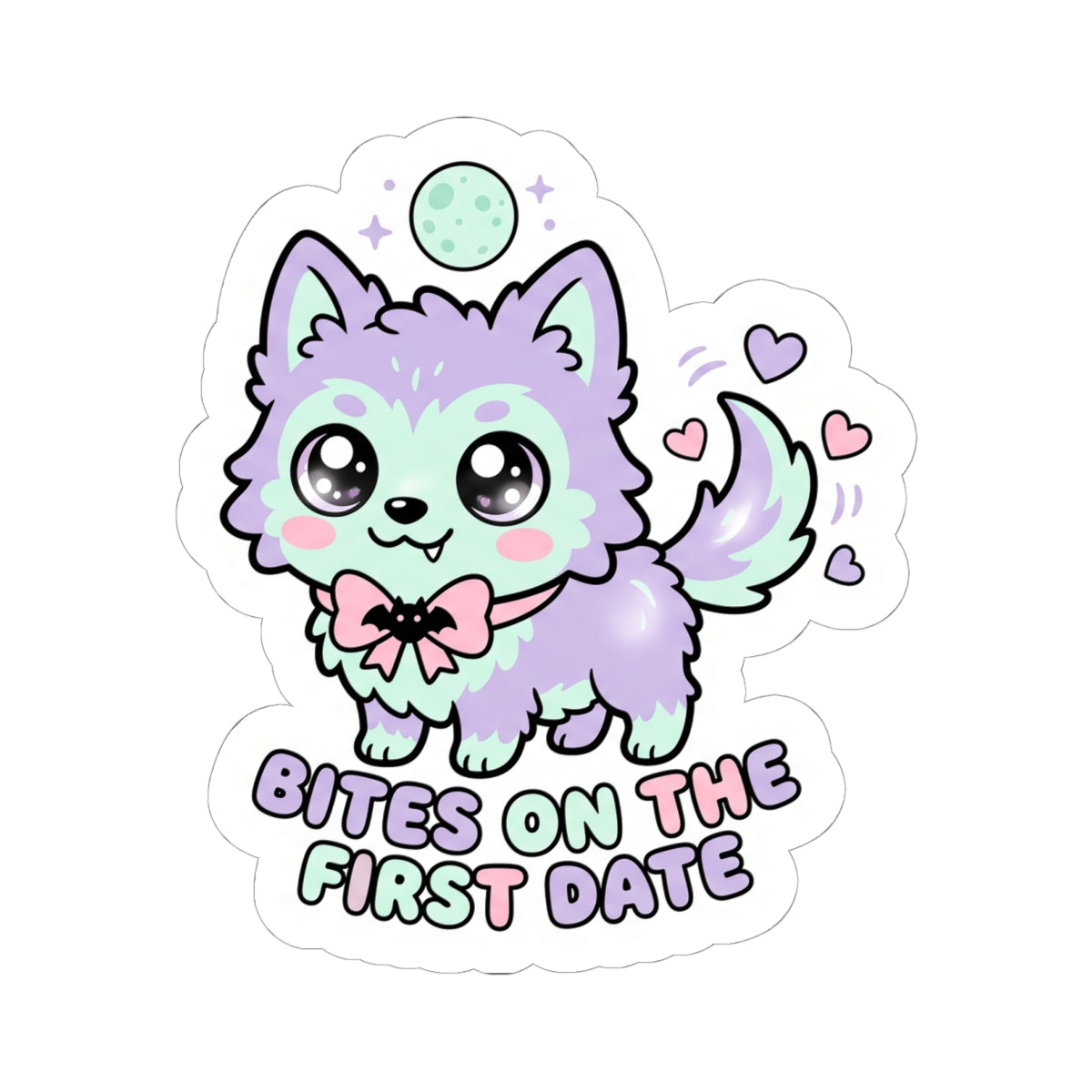 Kawaii wolf kiss-cut sticker showing a mint wolf face, paw hearts, and "BITES ON THE FIRST DATE"