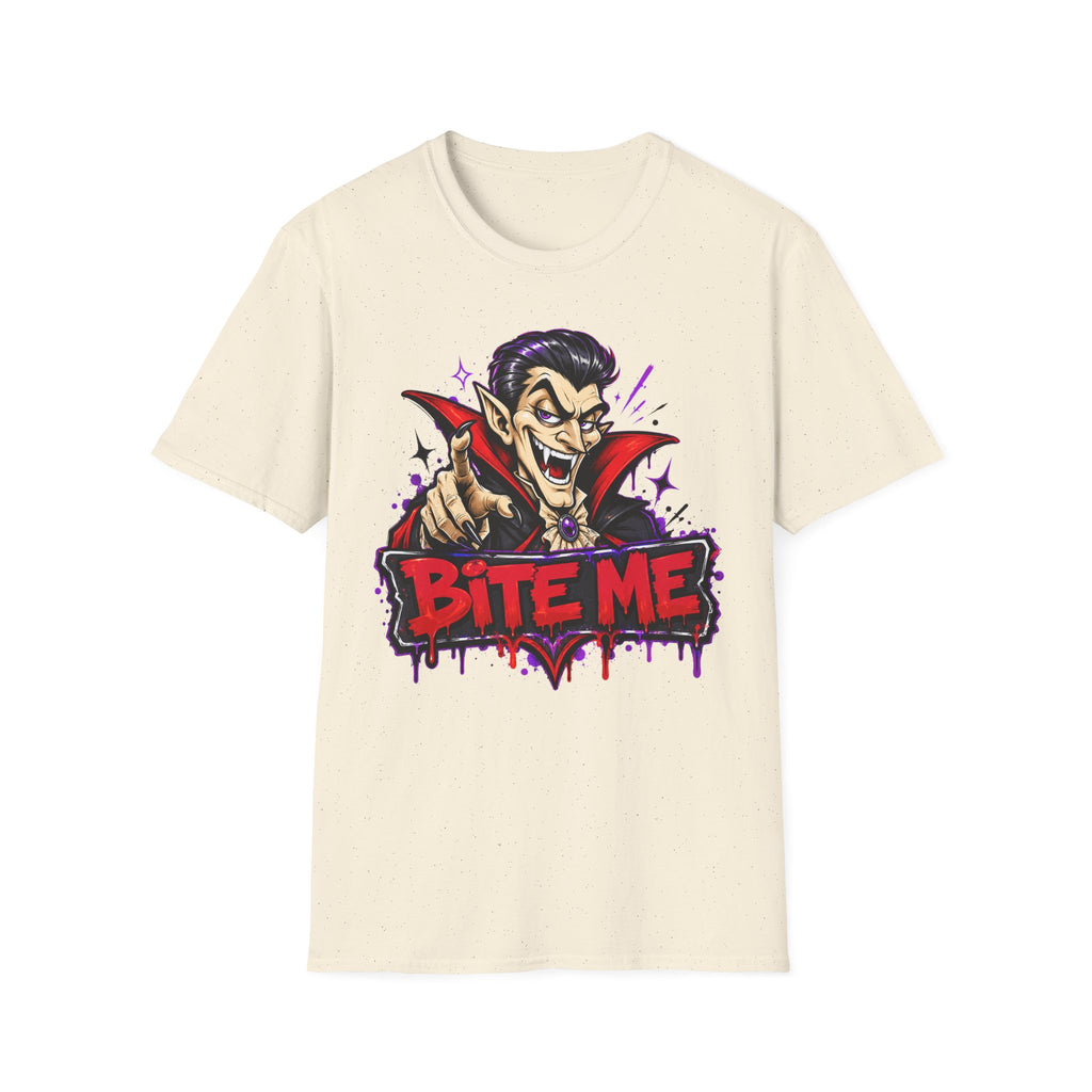 Cream crew-neck t-shirt with centered vampire “BITE ME” graphic in purple and red