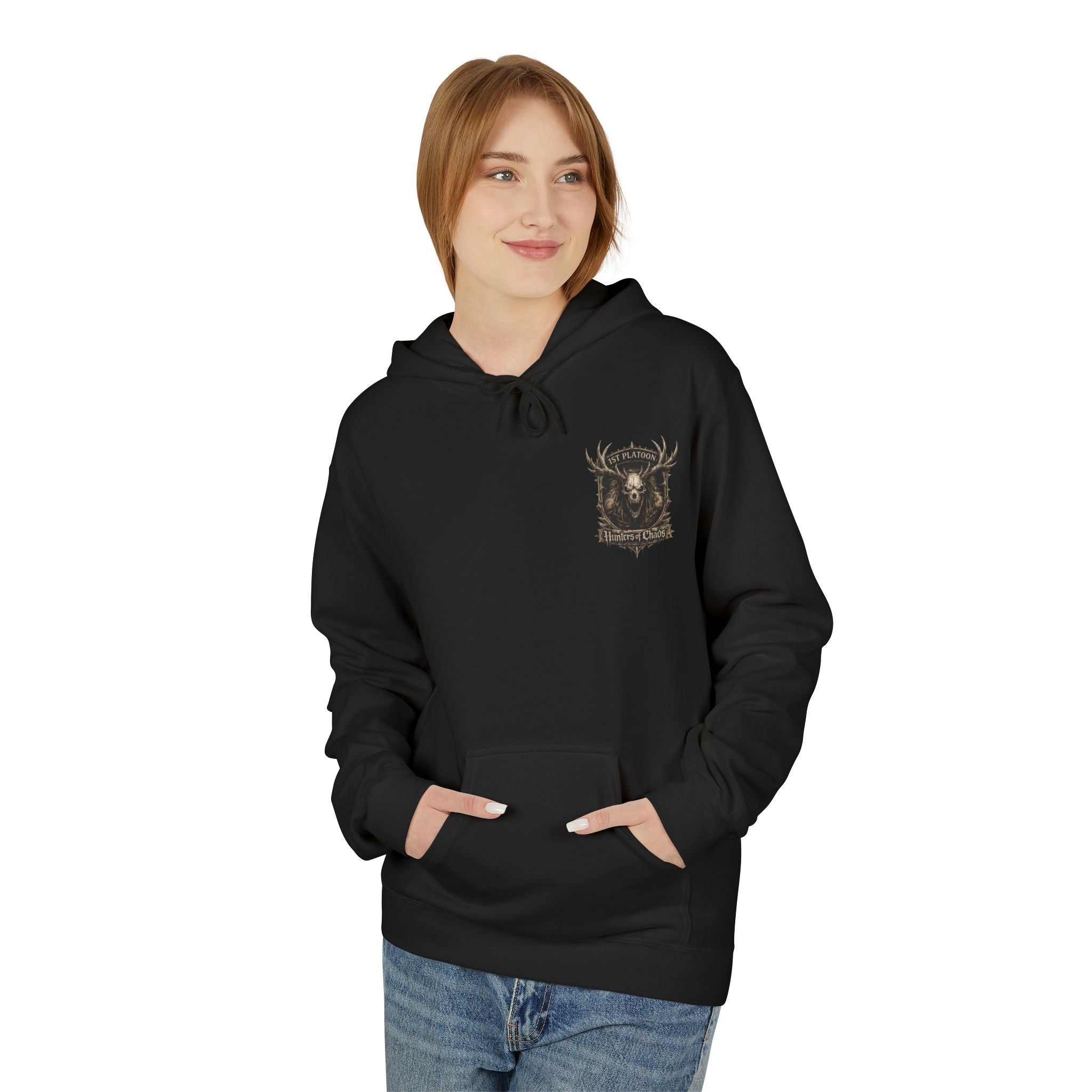 Black midweight hoodie with front crest logo, kangaroo pocket and drawstring hood