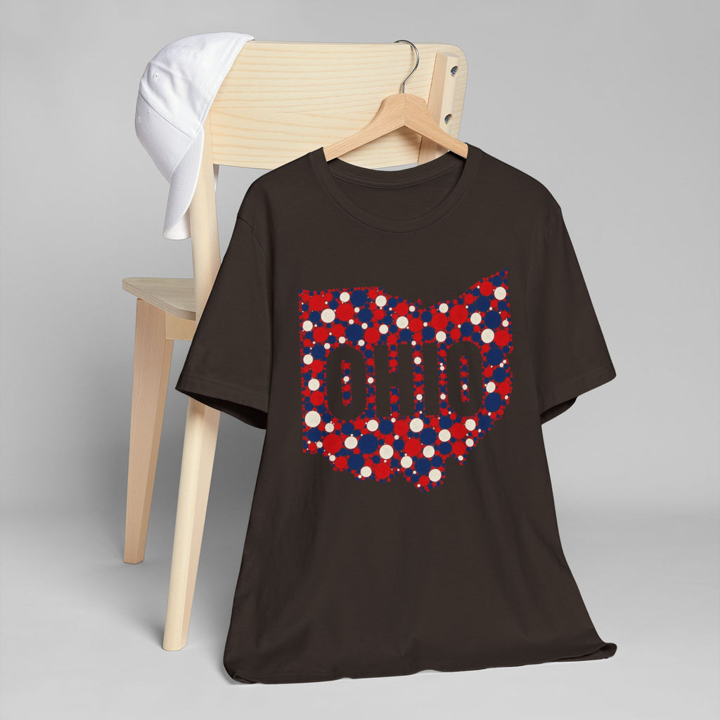 Black crew-neck T-shirt with red and blue Ohio polka-dot outline graphic.