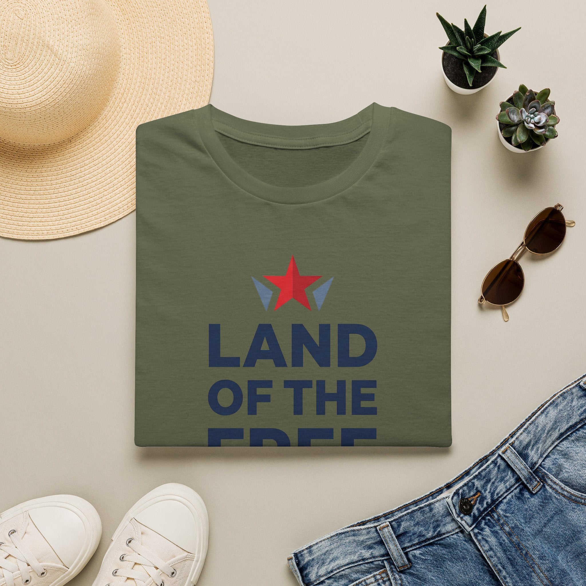 Military green crewneck T-shirt with red star and blue "LAND OF THE FREE" front print