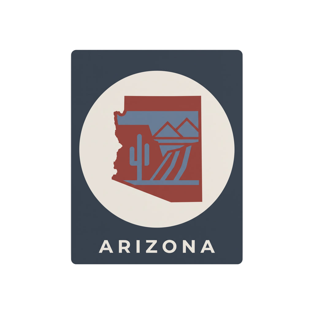 Arizona state cactus metal art sign, dark blue with beige circle and red Arizona map