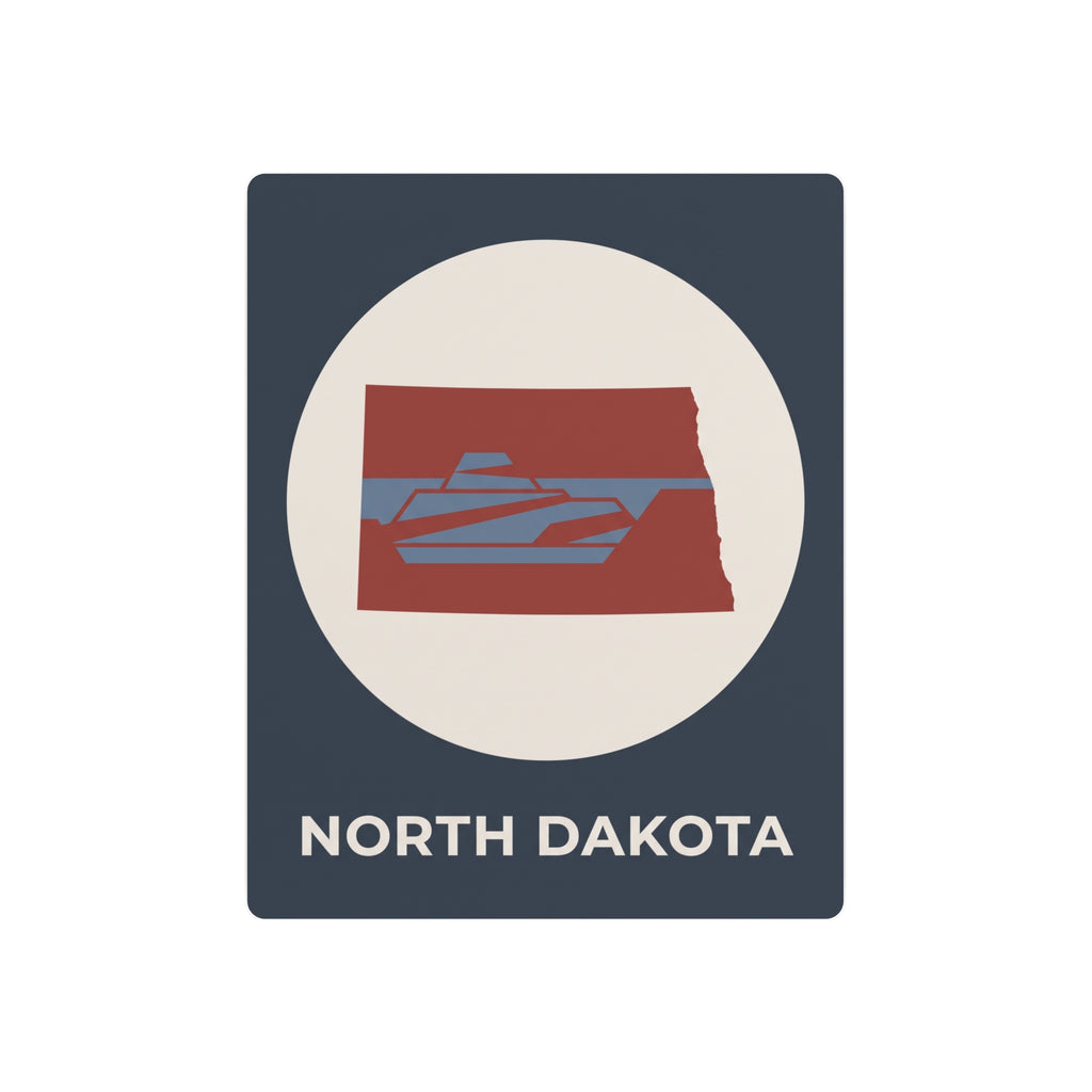 North Dakota metal wall sign with oval logo, red state graphic, and “NORTH DAKOTA” text