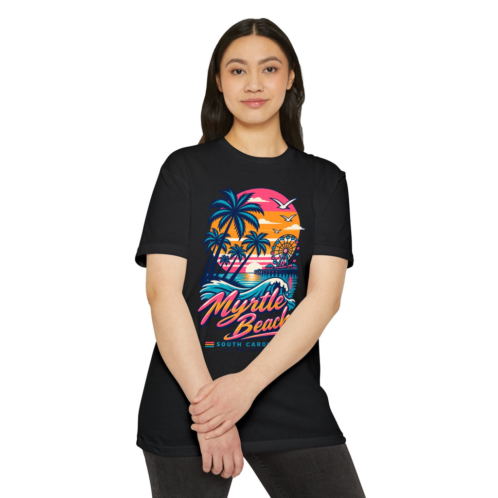 Black crew-neck T-shirt with colorful retro beach sunset and palm tree graphic
