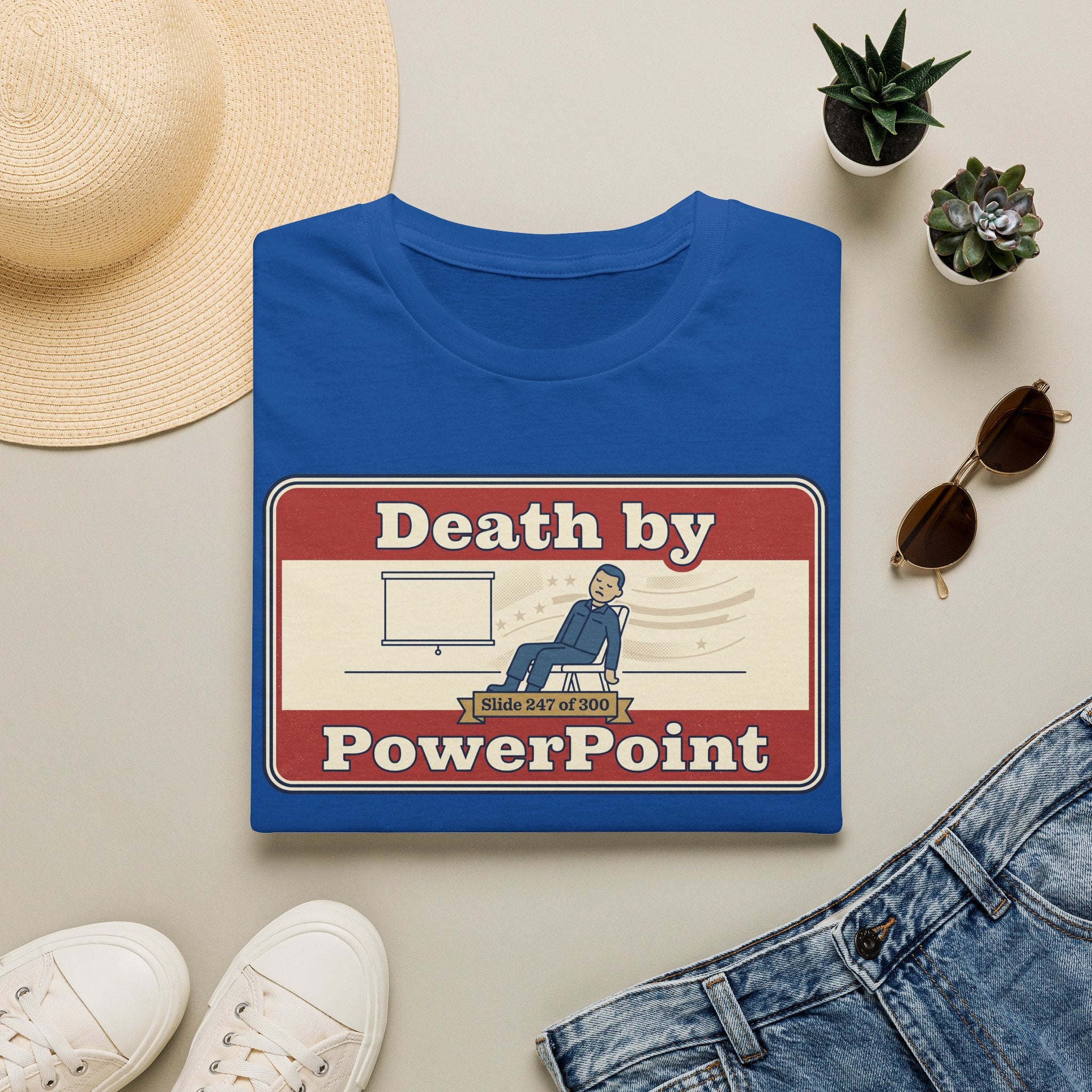 Royal blue T-shirt with "Death by PowerPoint" graphic