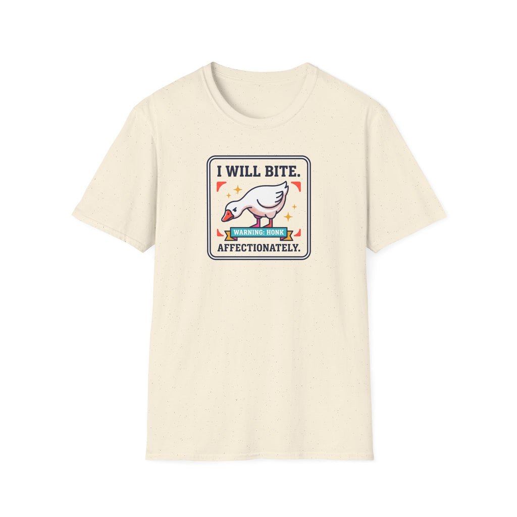 Cream T-shirt with 'I WILL BITE' goose warning graphic on chest