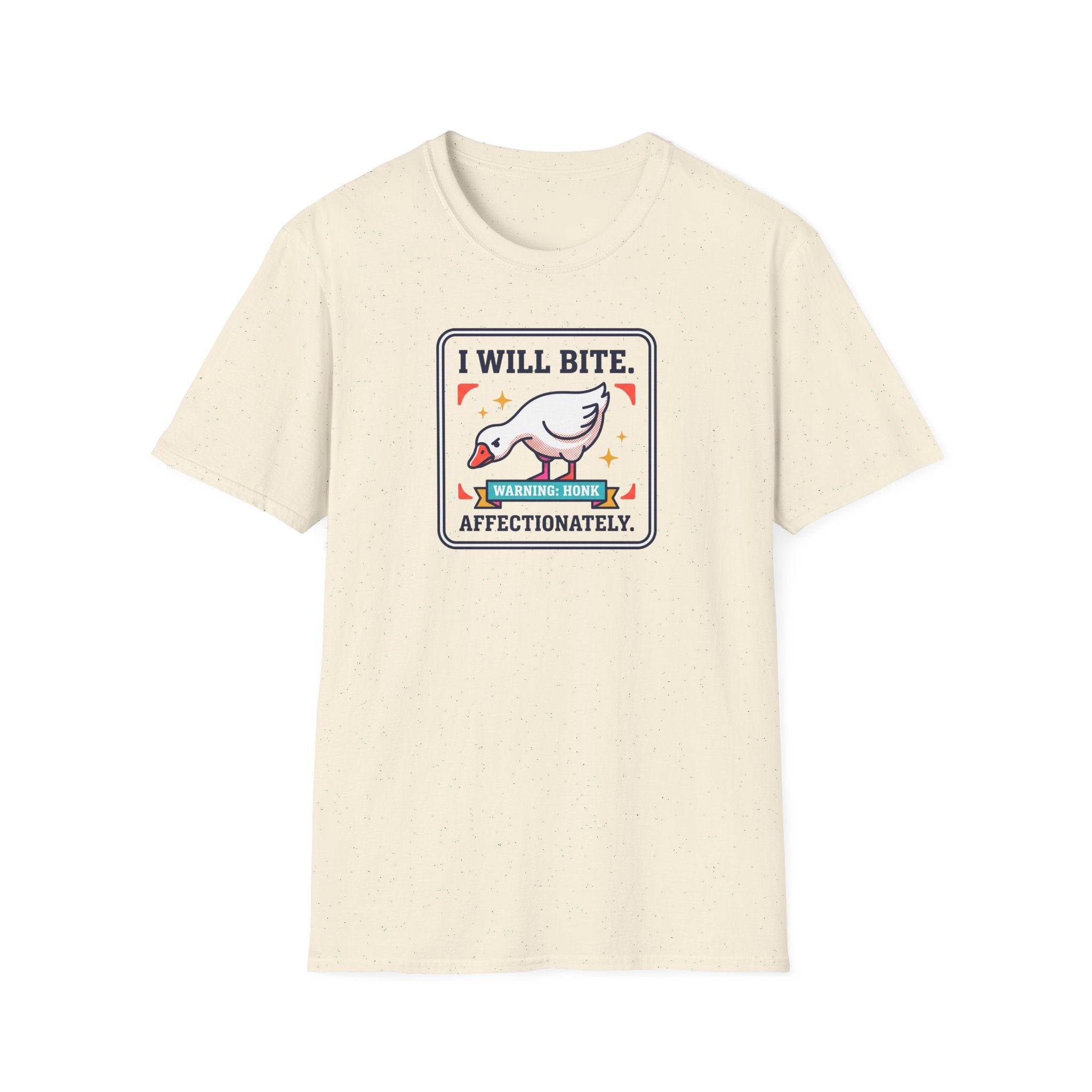 Cream T-shirt with 'I WILL BITE' goose warning graphic on chest