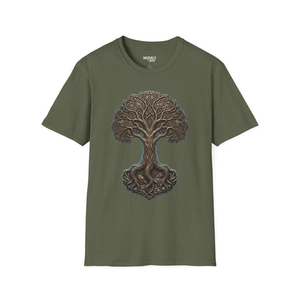 Military green T-shirt with Celtic Tree of Life knotwork oak graphic
