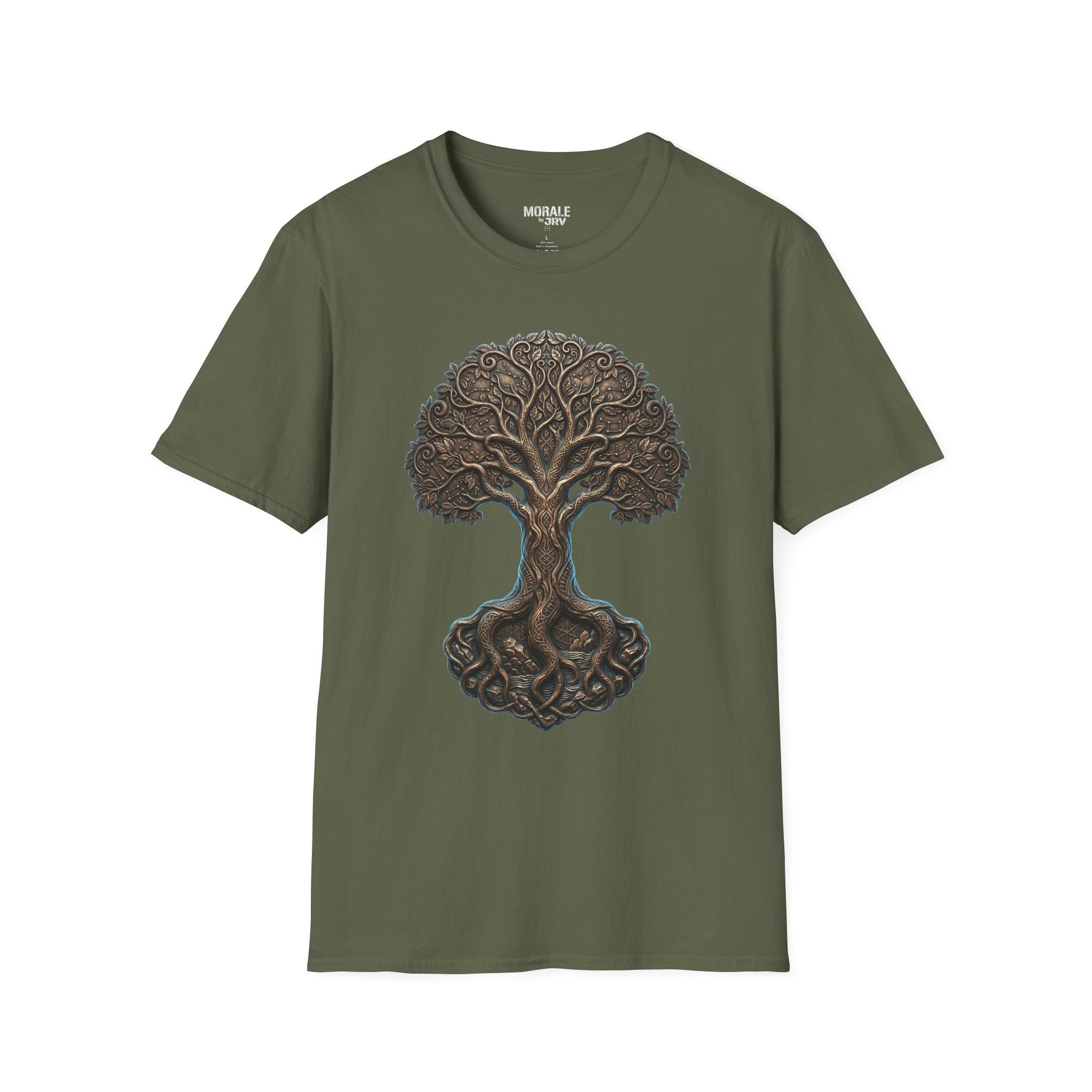 Military green T-shirt with Celtic Tree of Life knotwork oak graphic