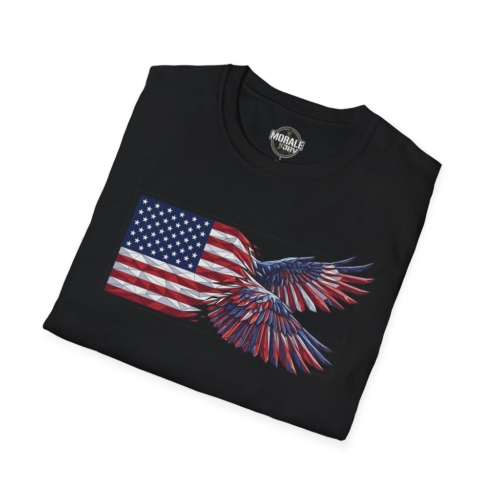 Black T-shirt with bald eagle and American flag graphic on the front