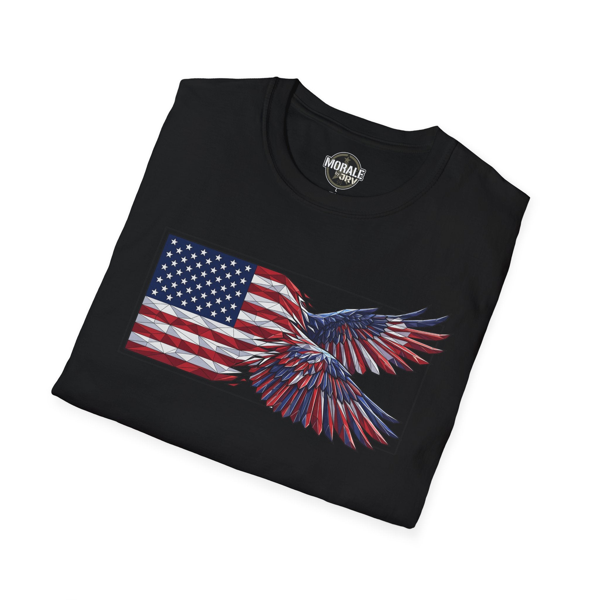 Black T-shirt with bald eagle and American flag graphic on the front