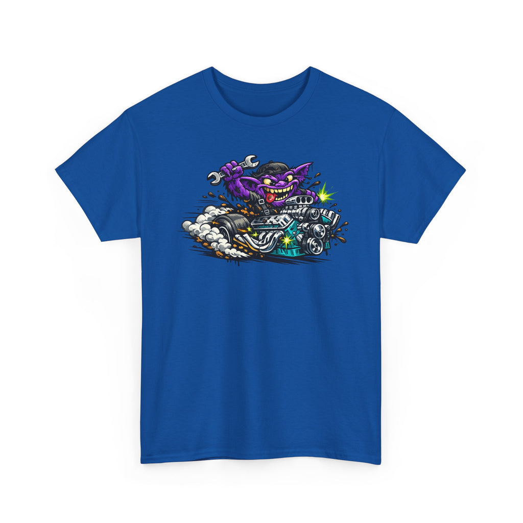 Royal blue T-shirt with grinning purple cat on motorcycle graphic