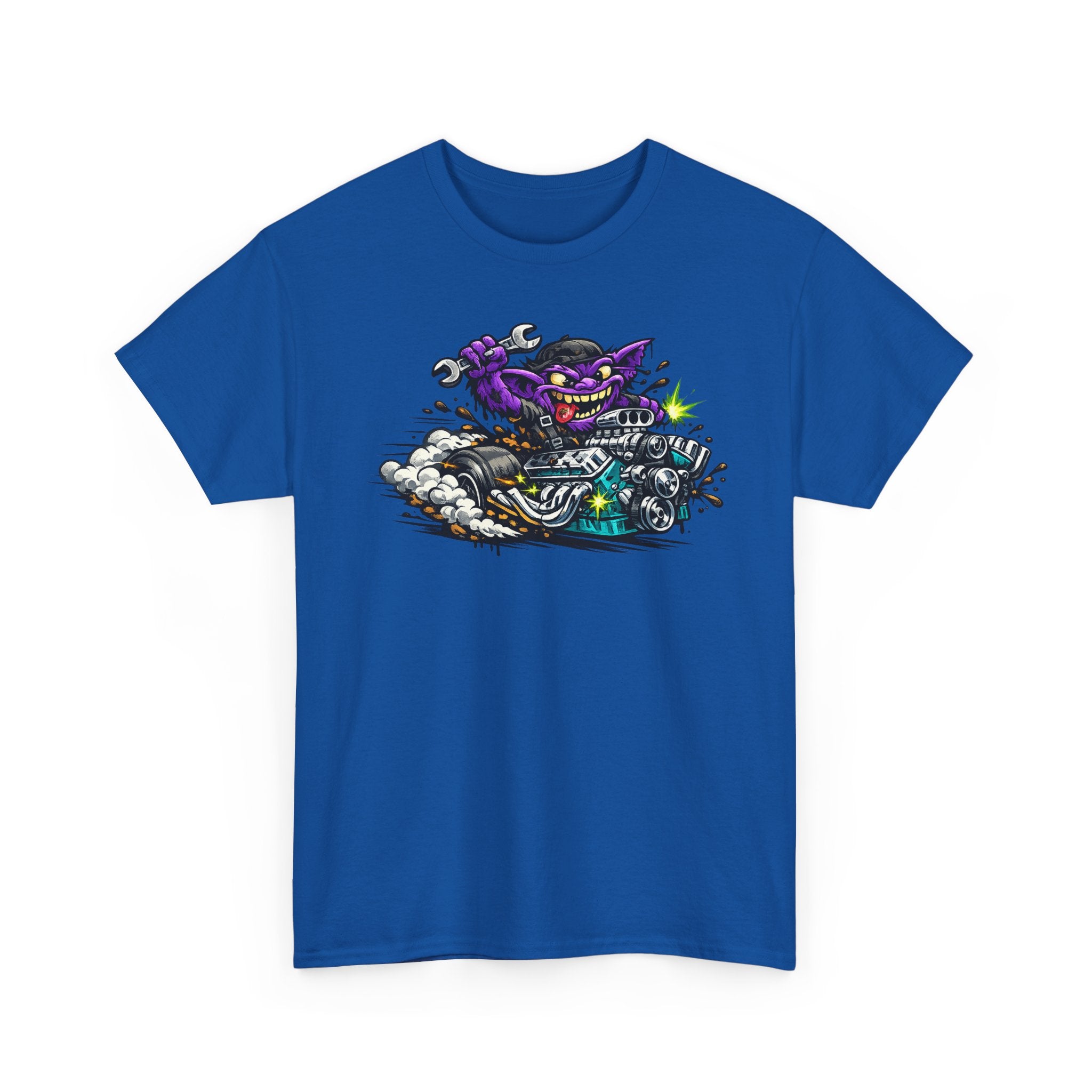 Royal blue T-shirt with grinning purple cat on motorcycle graphic