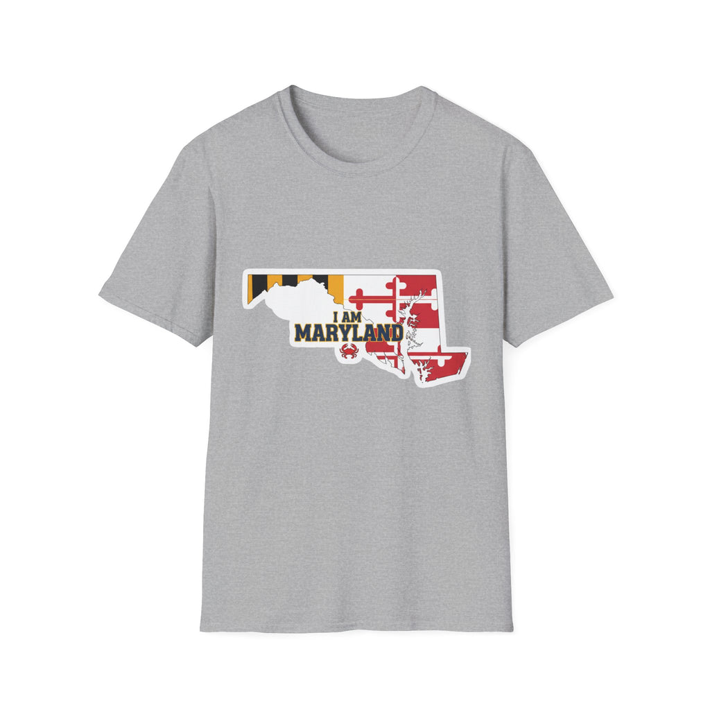 Sport grey Maryland state outline flag t-shirt with “I AM MARYLAND” graphic