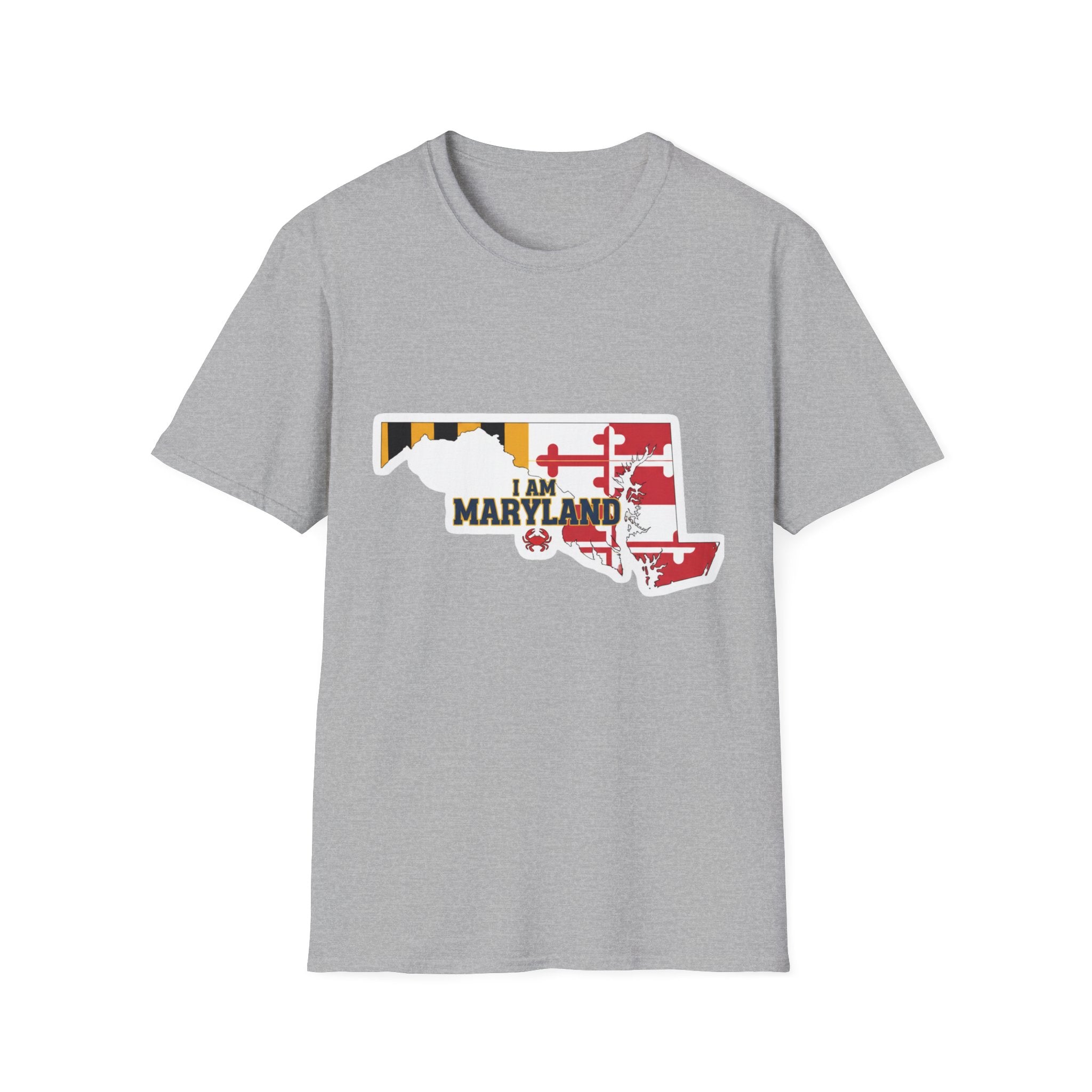 Sport grey Maryland state outline flag t-shirt with “I AM MARYLAND” graphic