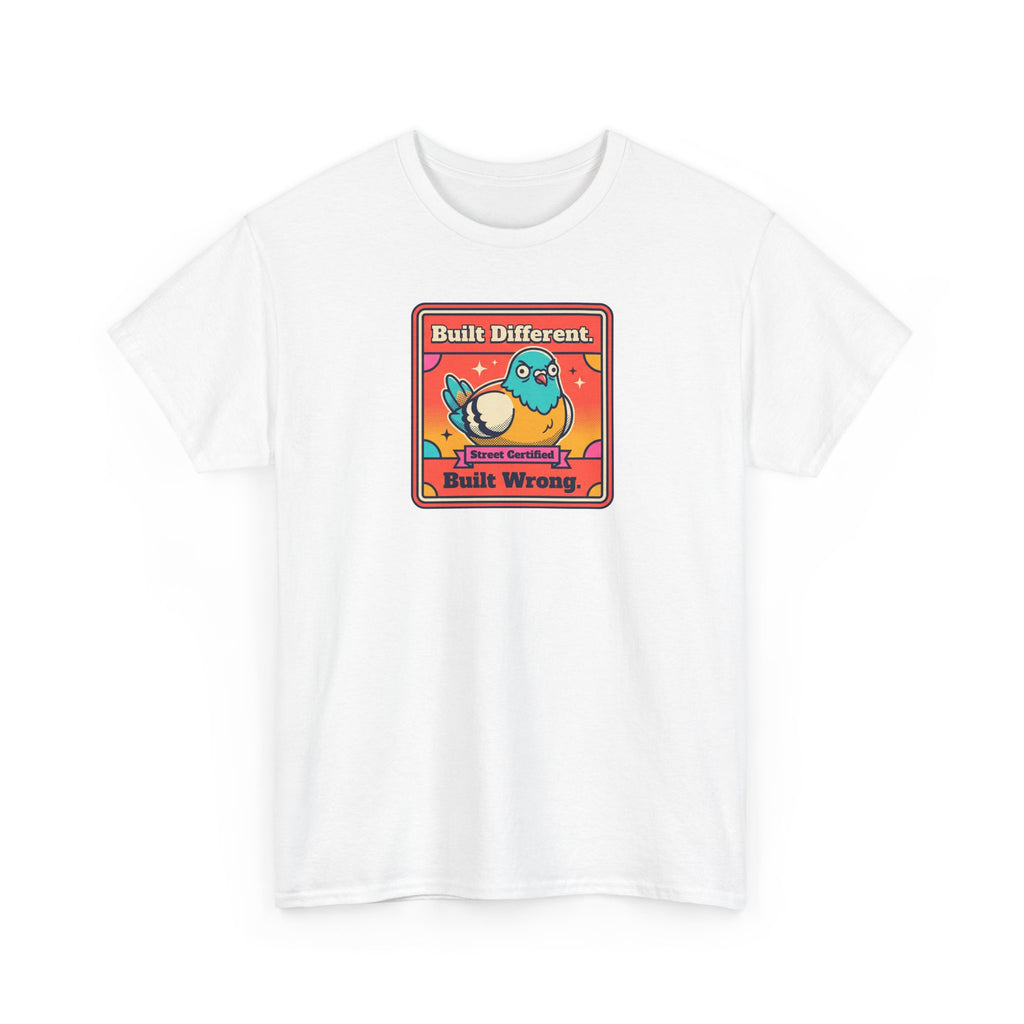 White graphic T-shirt with bird logo in a red-bordered square on the chest