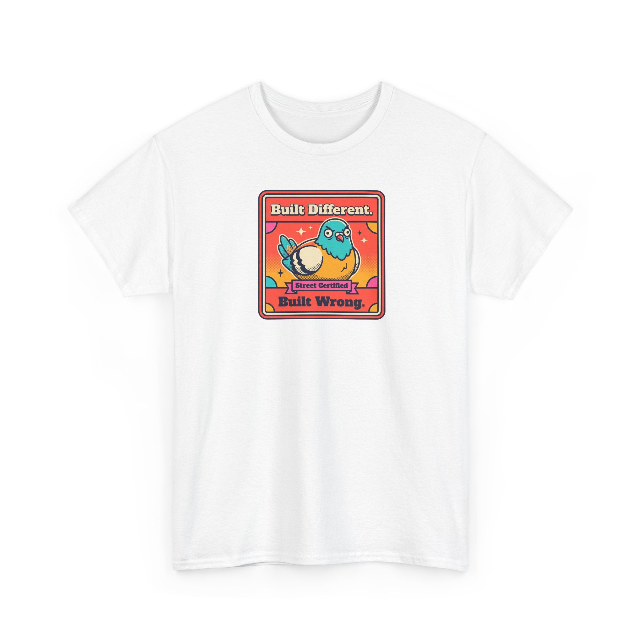 White graphic T-shirt with bird logo in a red-bordered square on the chest