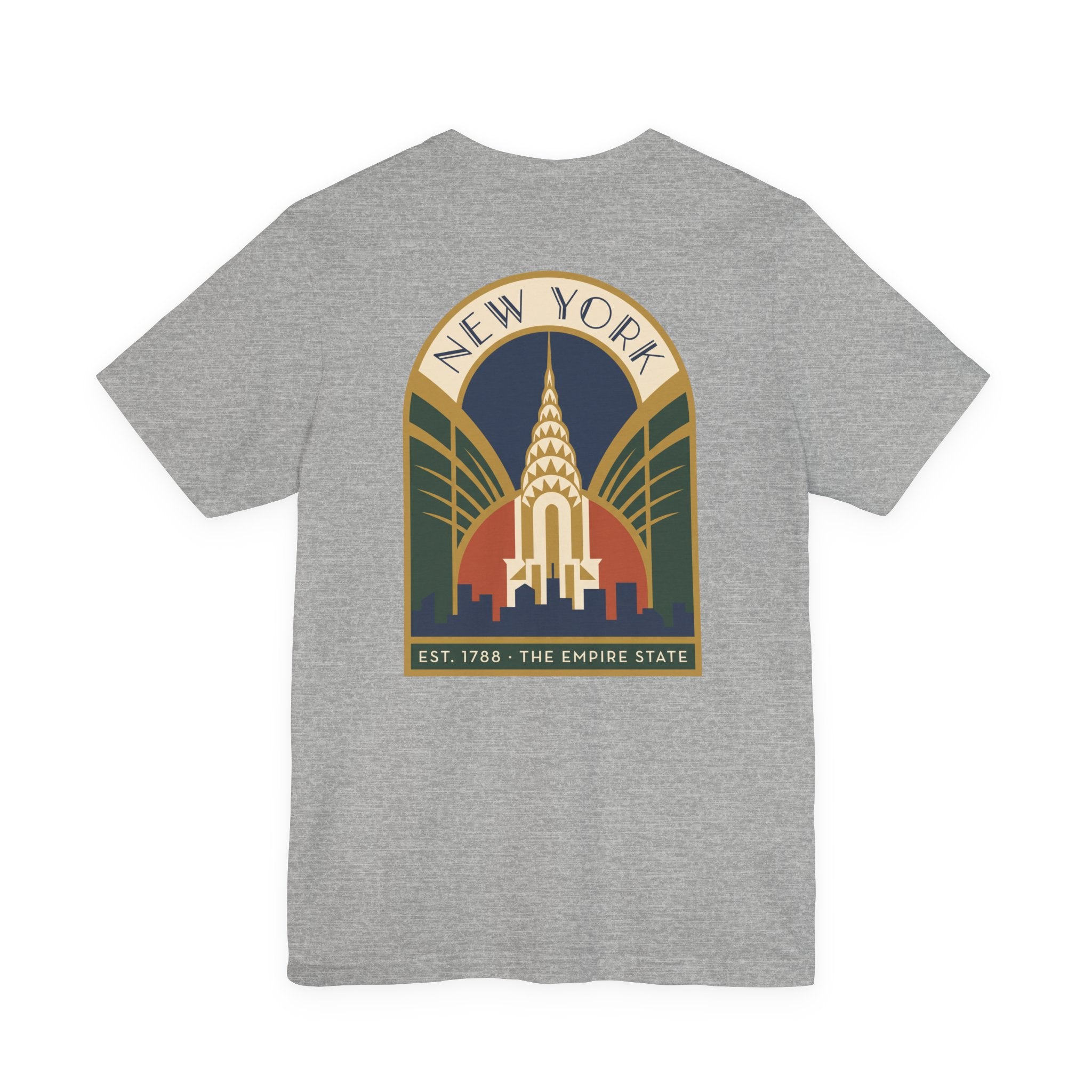Light grey T-shirt with large round New York skyline emblem graphic