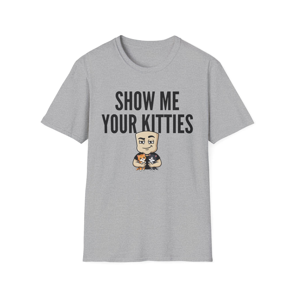 Short-sleeve T-shirt, heather gray with 'SHOW ME YOUR KITTIES' and cat graphic.