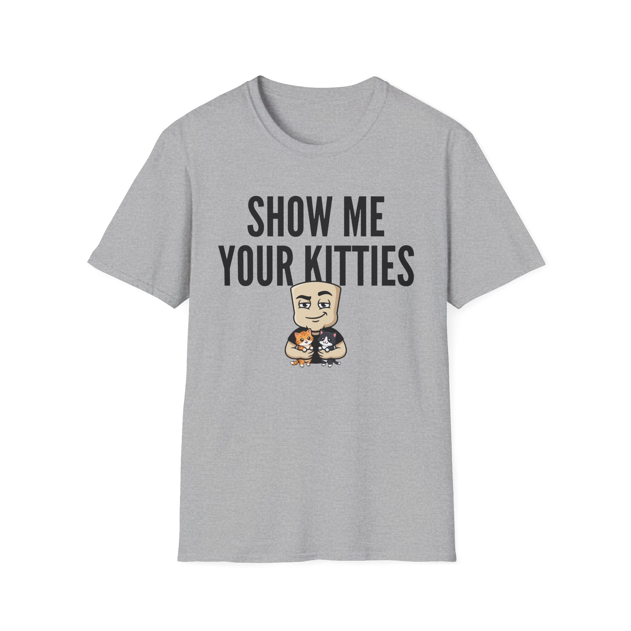 Short-sleeve T-shirt, heather gray with 'SHOW ME YOUR KITTIES' and cat graphic.