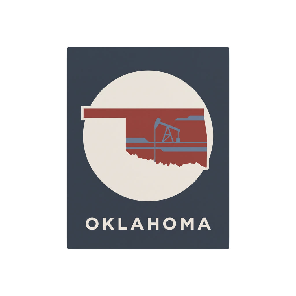 Oklahoma vintage metal art sign: dark background, circular state graphic, oil rig icon, “OKLAHOMA”