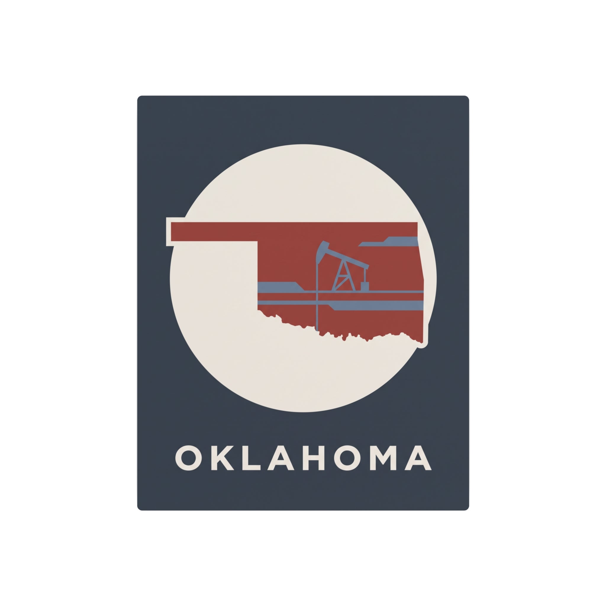 Oklahoma vintage metal art sign: dark background, circular state graphic, oil rig icon, “OKLAHOMA”