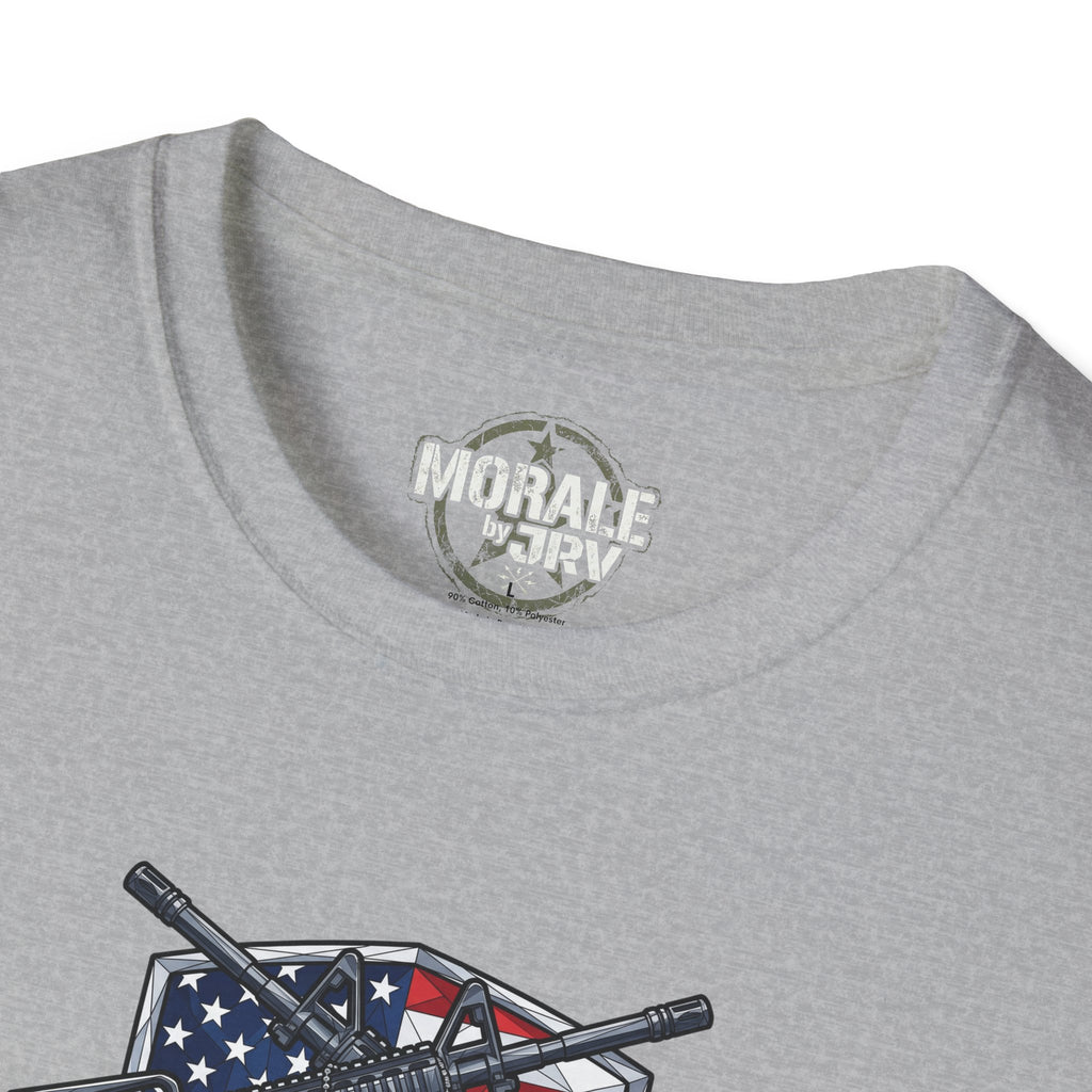 Heather gray close-up: “MORALE by TRK” neck logo and patriotic rifle graphic