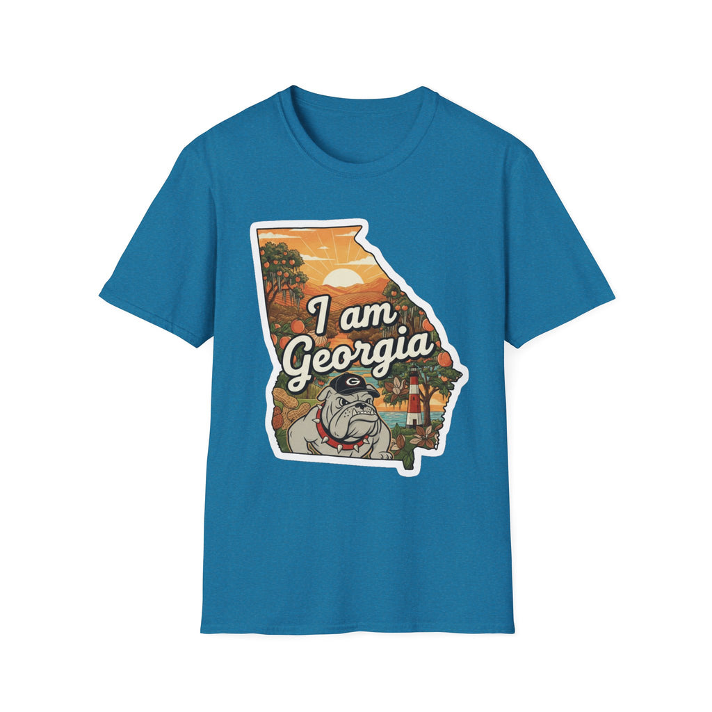 Blue T-shirt with Georgia map graphic, bulldog and 'I am Georgia' text