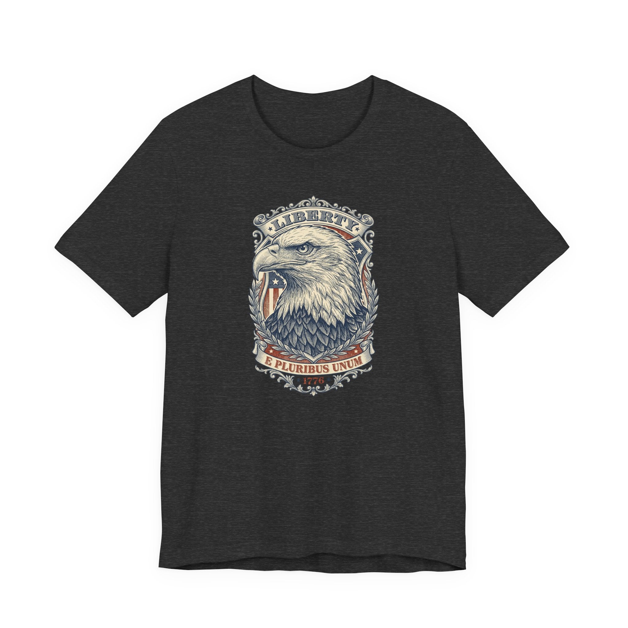 Eagle graphic tee in charcoal with Liberty badge and bald eagle head print