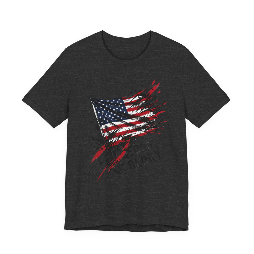 Dark charcoal T-shirt with distressed American flag graphic and 'Old Glory' text