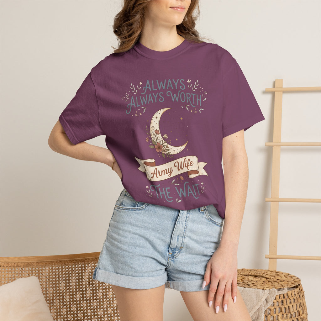 Women’s crewneck t-shirt in deep purple with moon graphic and “Army Wife” text
