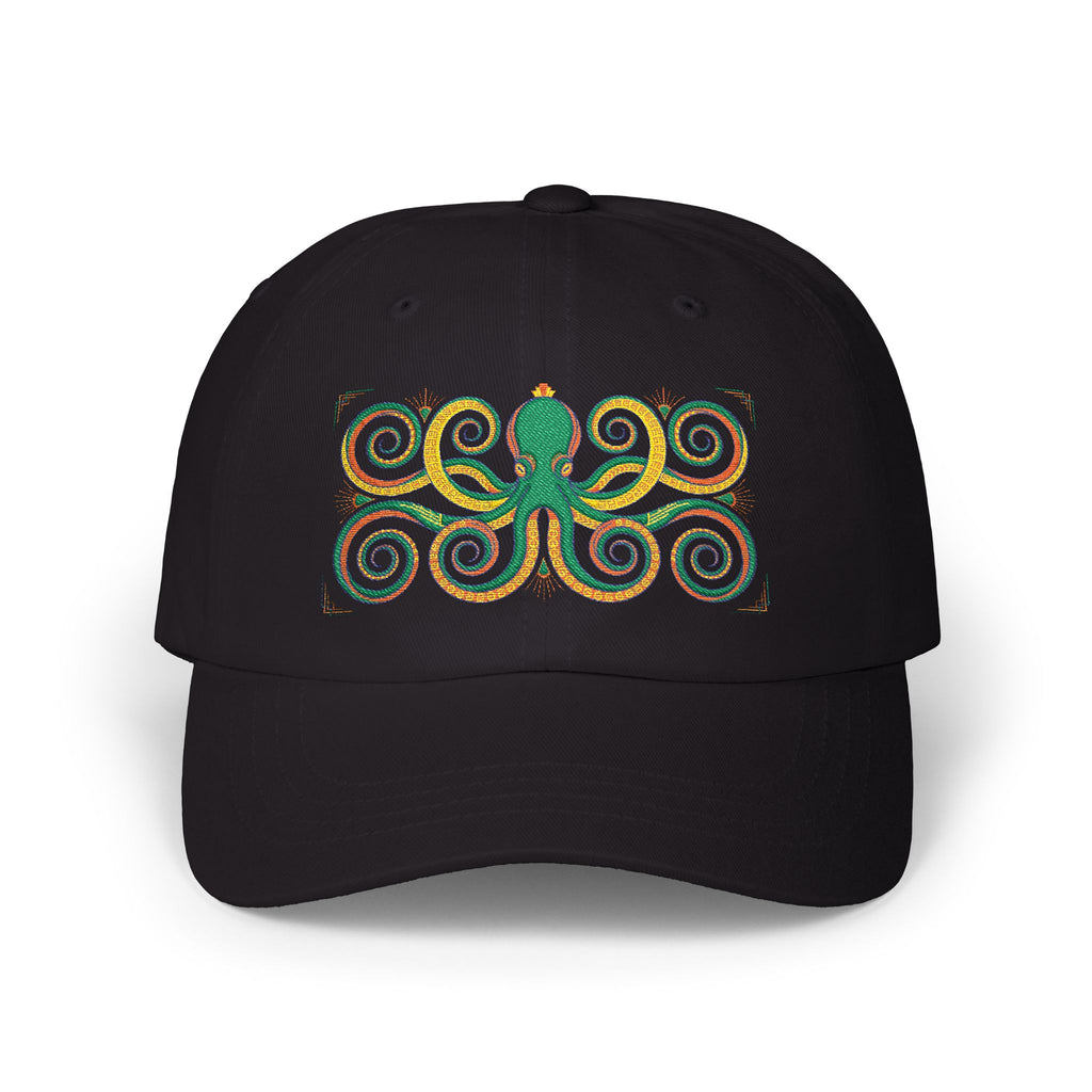 Black dad cap with multicolor octopus swirl embroidery on the front panel