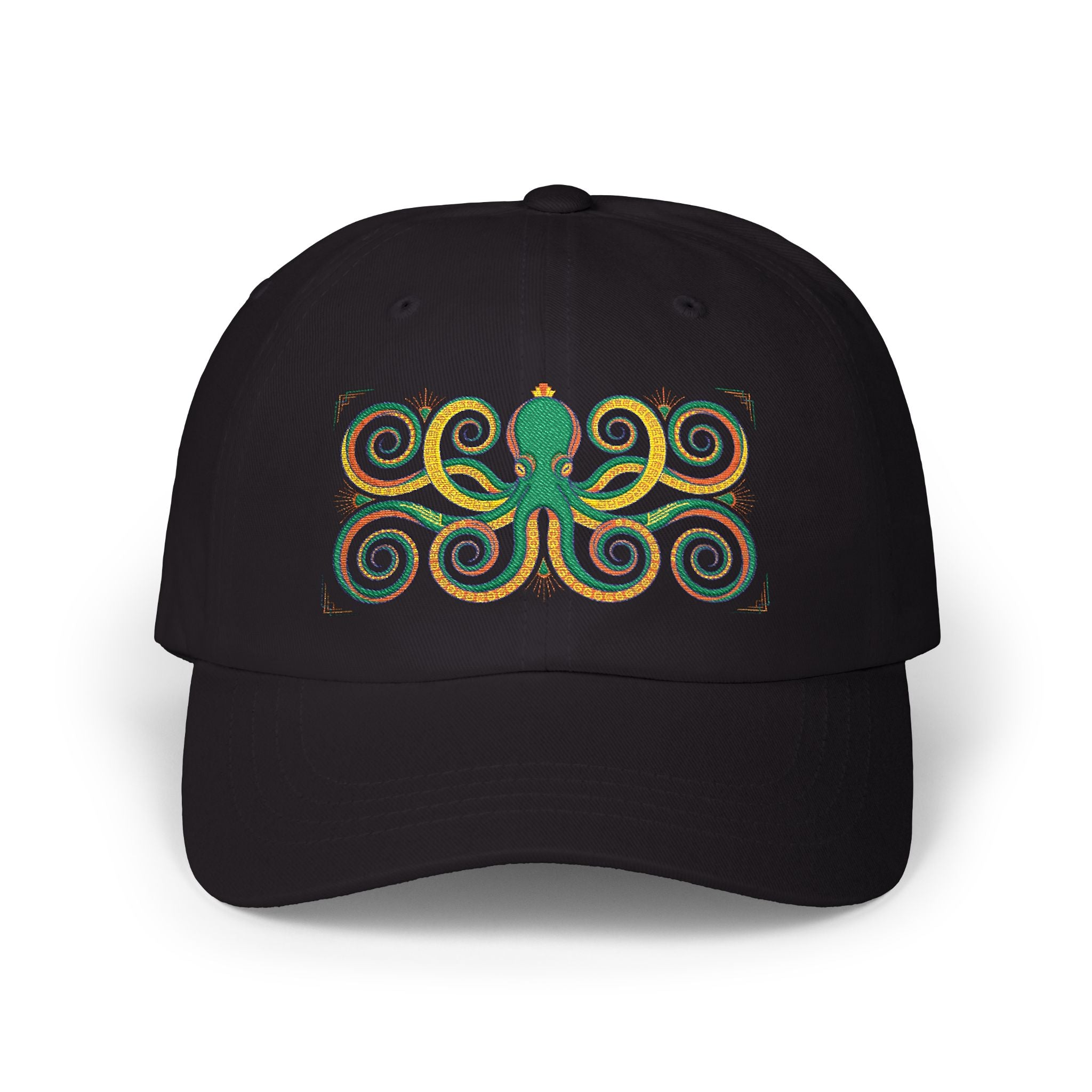 Black dad cap with multicolor octopus swirl embroidery on the front panel