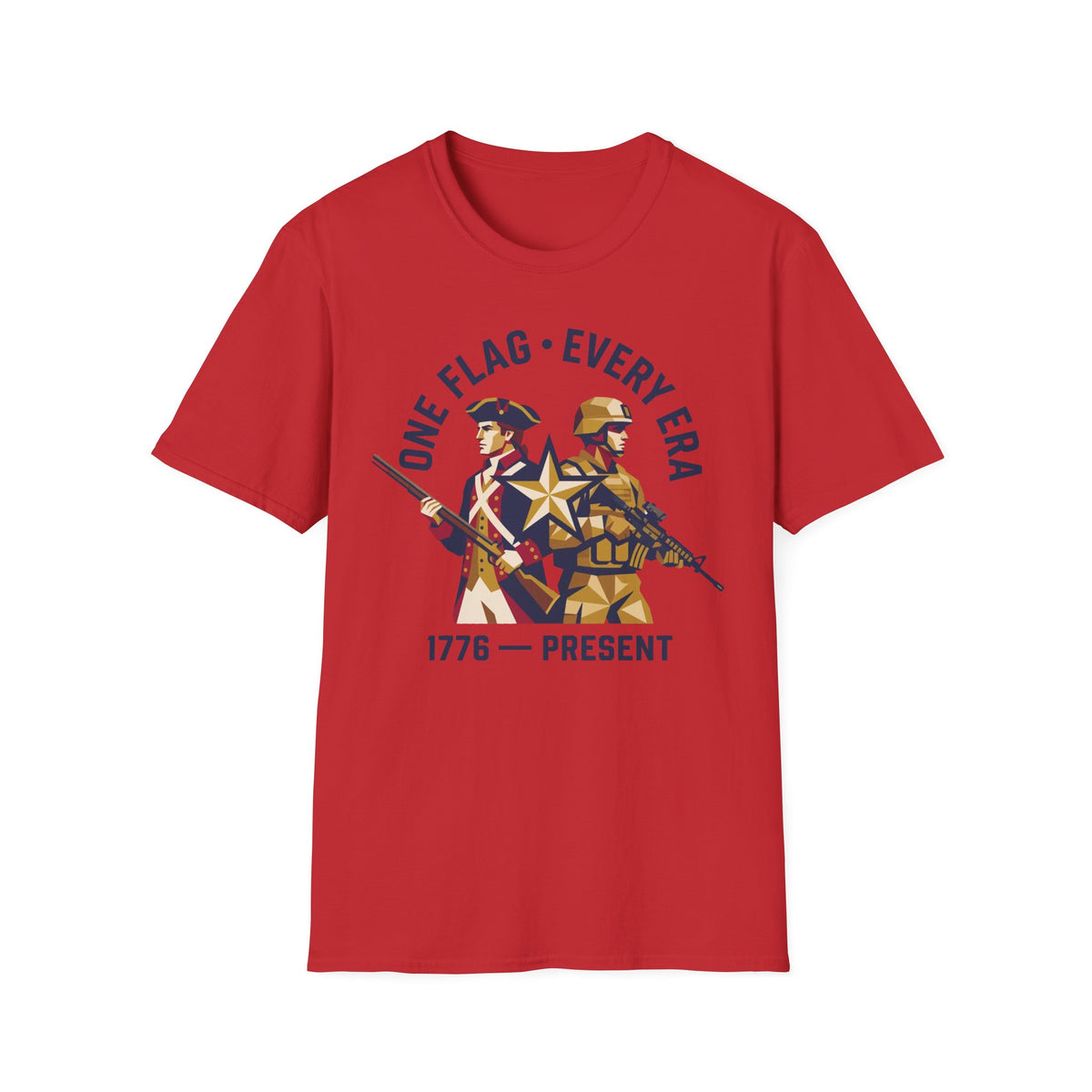Red crew-neck t-shirt with patriotic “ONE FLAG EVERY ERA 1776—PRESENT” graphic