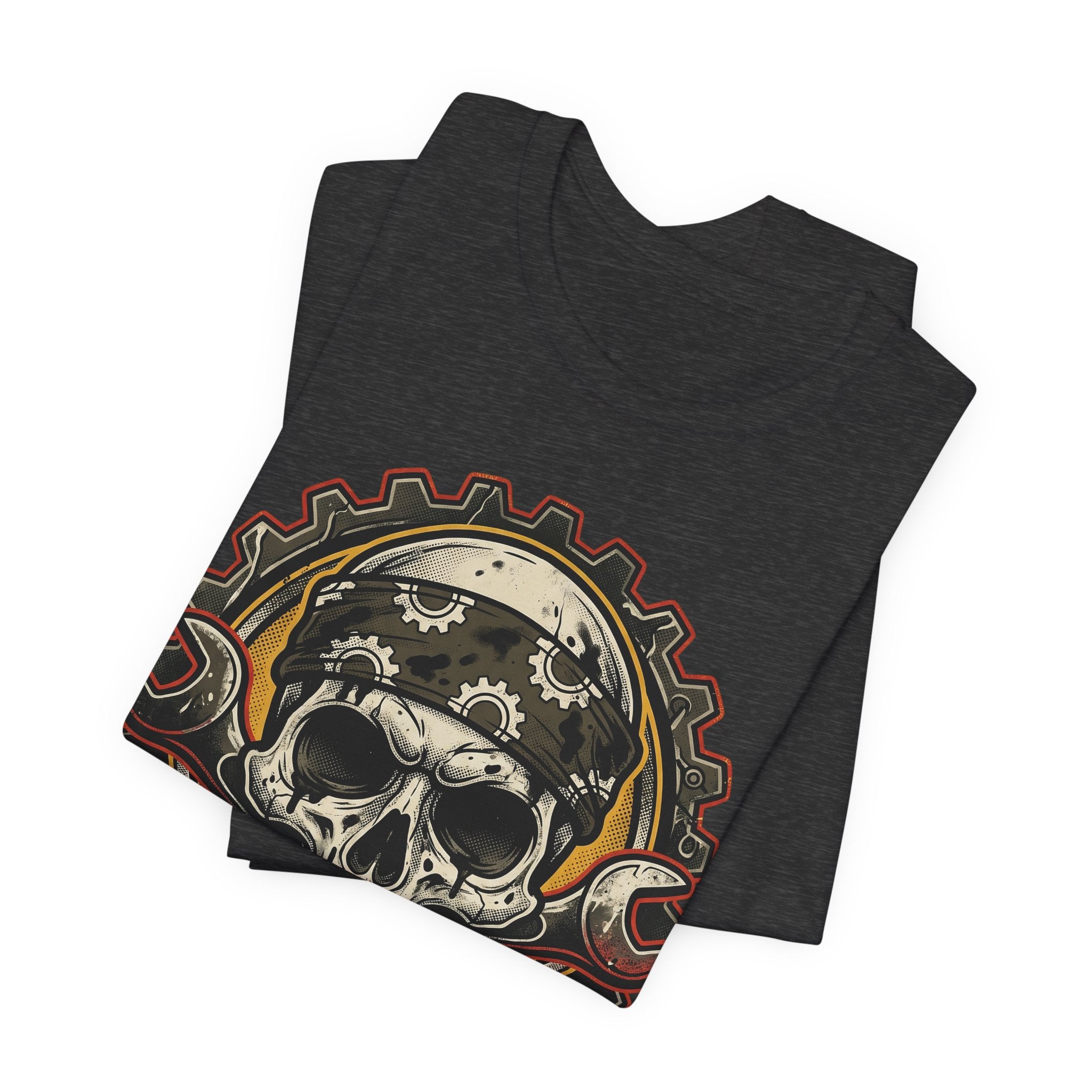 Dark Grey Heather tee with biker skull ear-muffs and crossed wrenches graphic