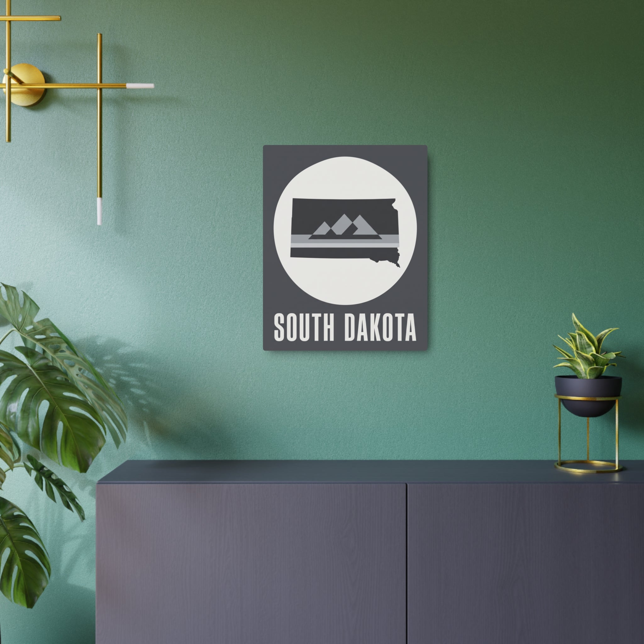 South Dakota metal wall decor sign, dark square with white circle mountains and 'SOUTH DAKOTA' text