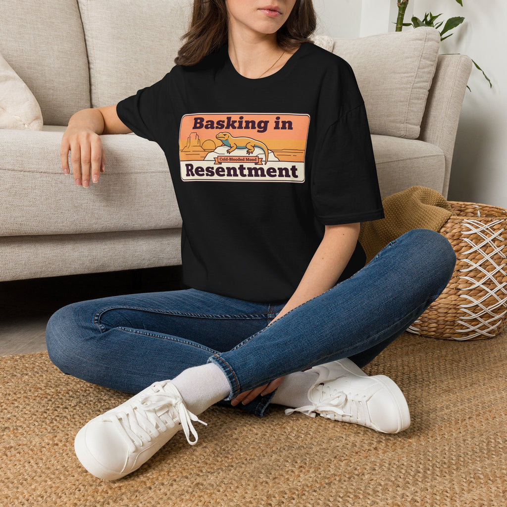 Black crew-neck T-shirt with retro desert lizard graphic and text.