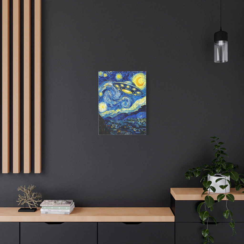 Starry blue-and-yellow UFO canvas on matte stretched backing, mounted on dark wall