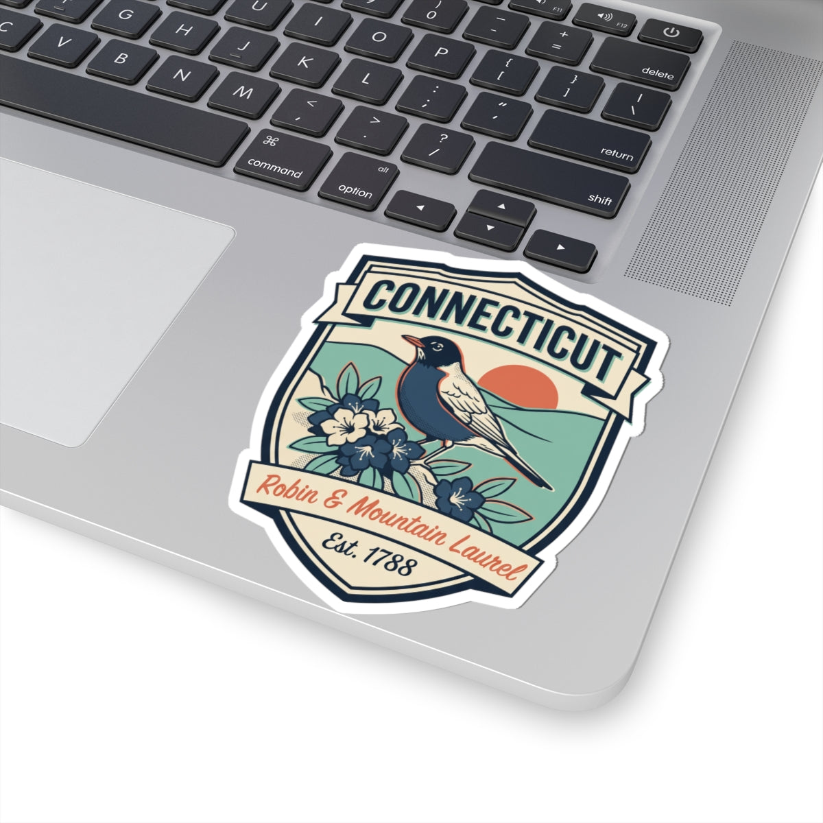 Connecticut state badge sticker with blue robin and mountain laurel, vintage label design