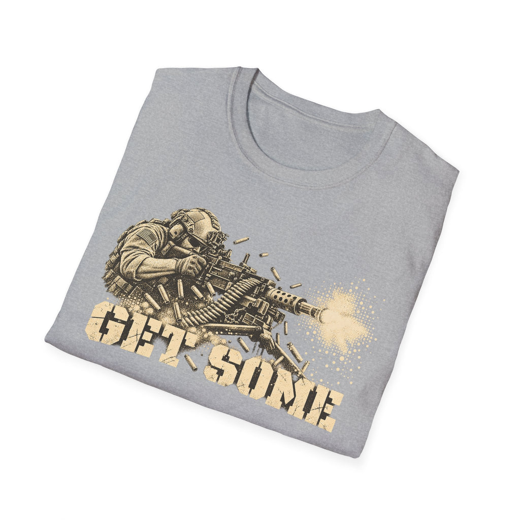 Gray heather crewneck T-shirt with vintage soldier and machine gun graphic and “GET SOME”