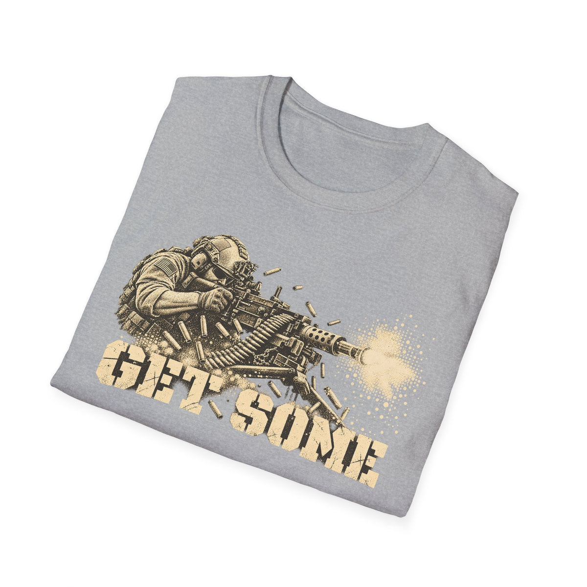 Gray heather crewneck T-shirt with vintage soldier and machine gun graphic and “GET SOME”