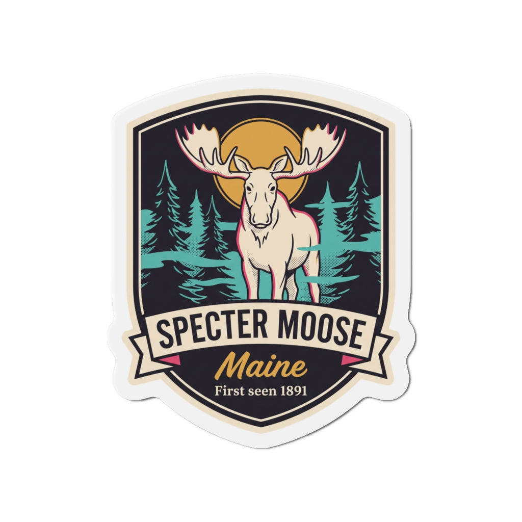 Shield-style die-cut magnet with moose and antlers, forest trees, and "Maine"