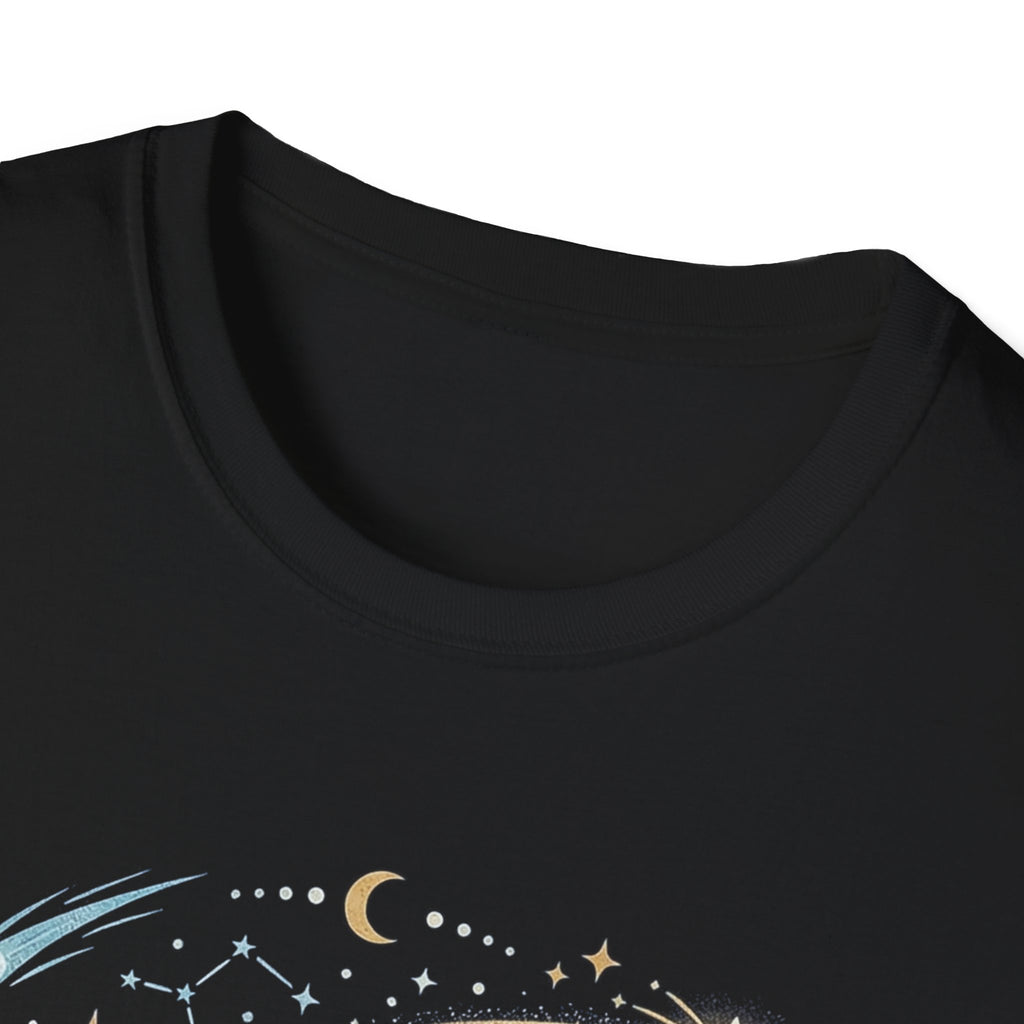 Black graphic T-shirt neckline with partial “Shoot for the Stars” starry print