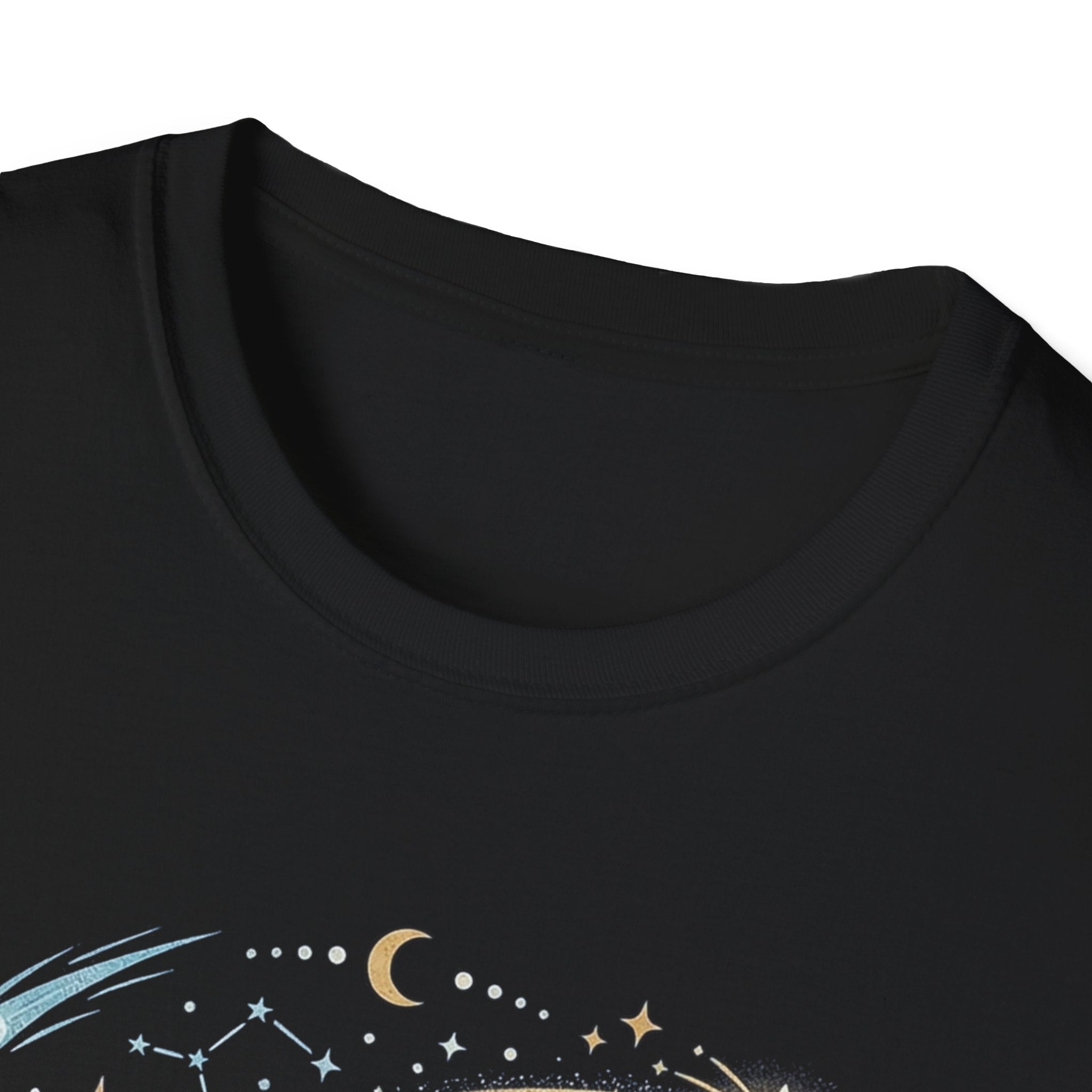 Black graphic T-shirt neckline with partial “Shoot for the Stars” starry print