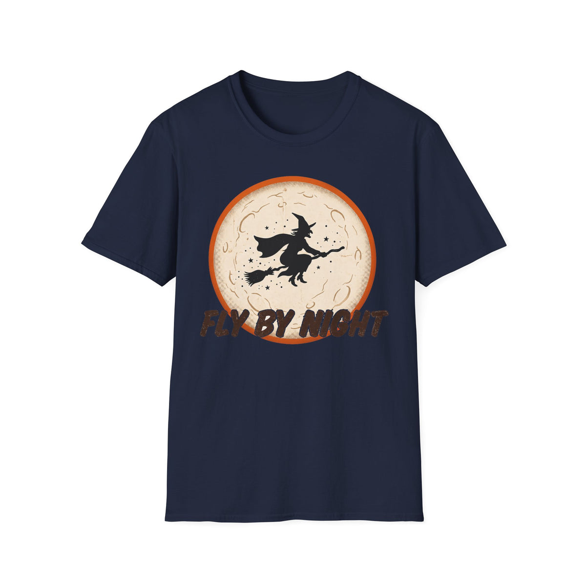 Navy crew-neck T-shirt with round witch silhouette graphic and 'Fly By Night' text